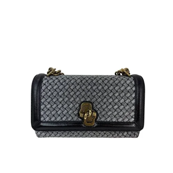 Bottega Veneta Metallic Wool Woven Patent Ayers Olimpia Knot Silver Shoulder Bag - Picture 2 of 12
